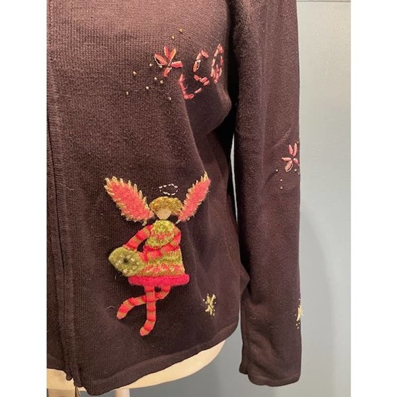 Talbots Women Size Small Christmas Front-Zip Sweater Black w/ Embroidered Angel - Picture 3 of 6